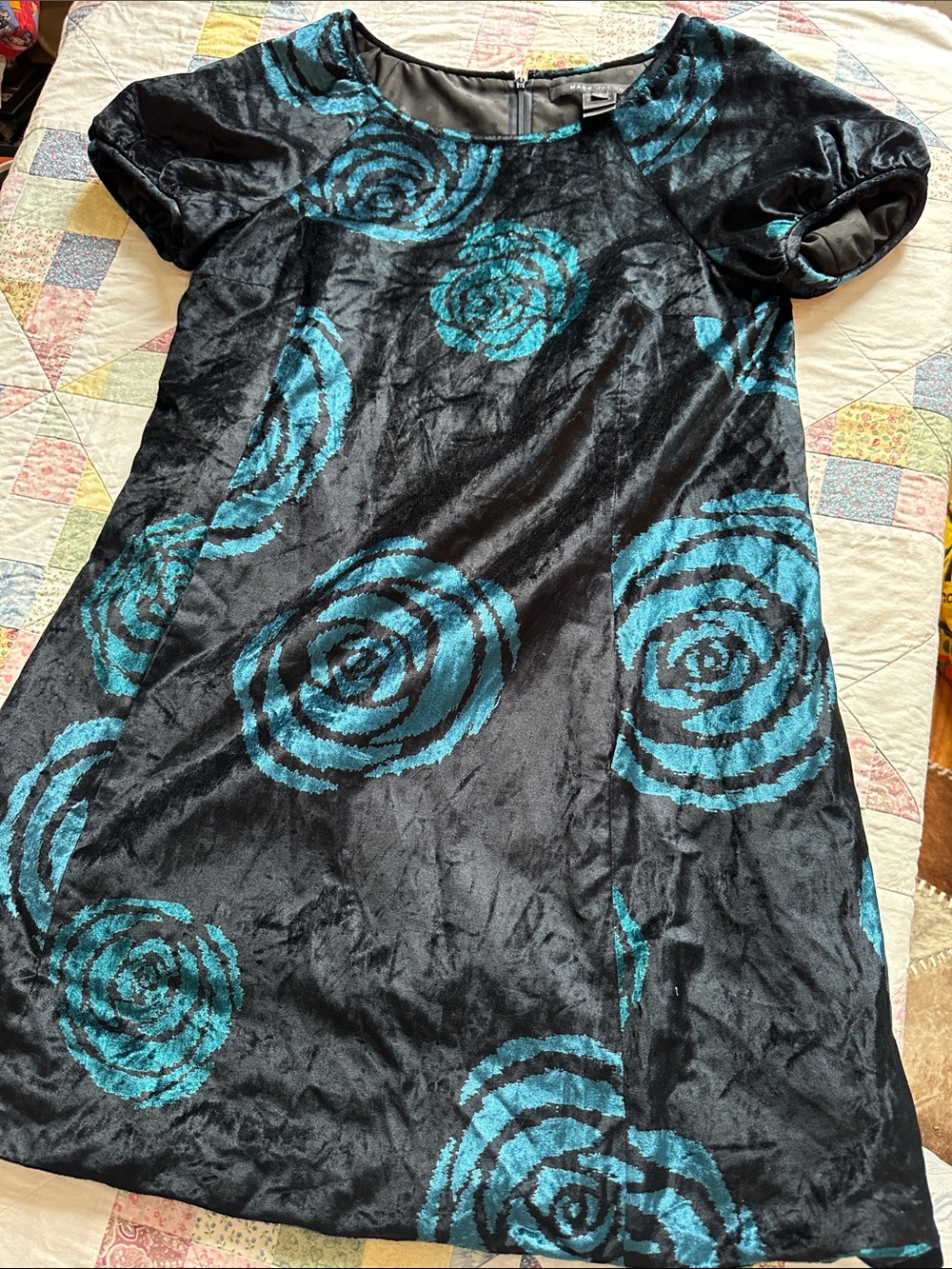 W—Marc Jacobs Black Velvet Dress with Teal Floral Swirl